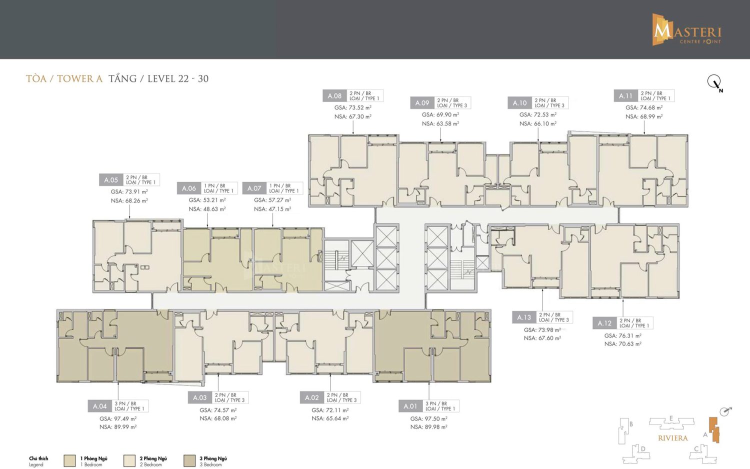 Mặt bằng tầng 22 đến 30 tòa A dự án Masteri Centre Point phân khu Riviera, bao gồm căn hộ 1, 2 và 3 phòng ngủ với chi tiết diện tích GSA và NSA.