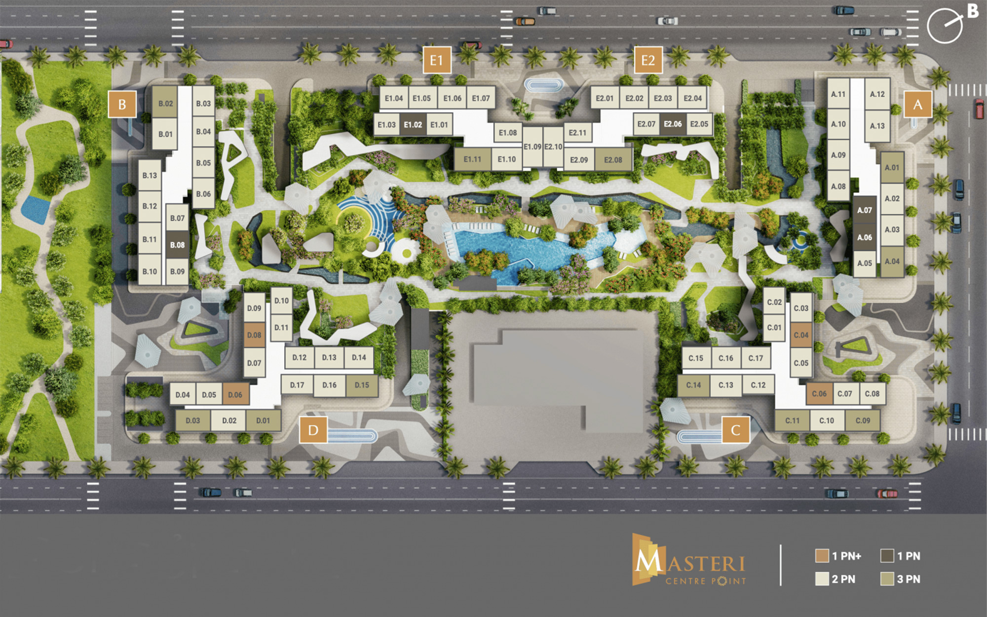 Sơ đồ mặt bằng tầng điển hình các tòa A, B, C, D, E tại Masteri Centre Point thể hiện vị trí các loại căn hộ từ 1 đến 3 phòng ngủ.