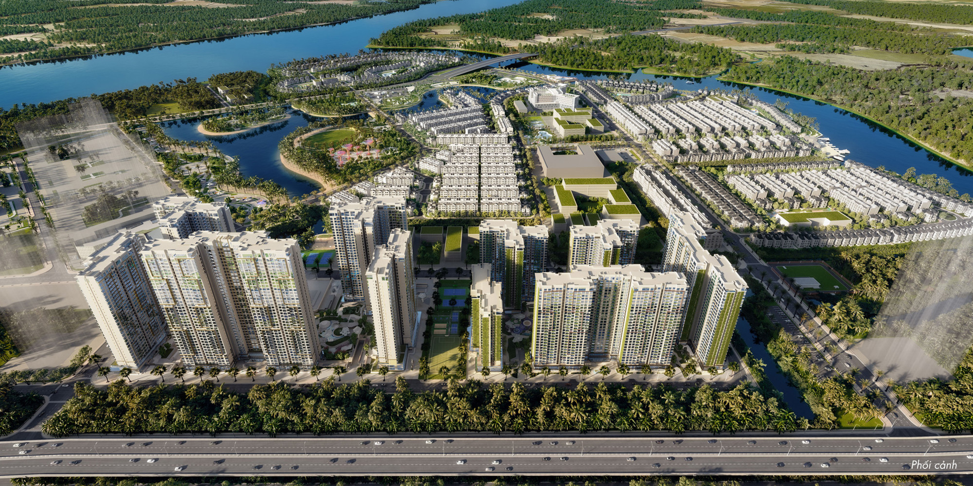 Phối cảnh toàn cảnh dự án Masteri Centre Point và Lumiere Boulevard với tầm nhìn hướng sông và công viên 36ha tại Vinhomes Grand Park.
